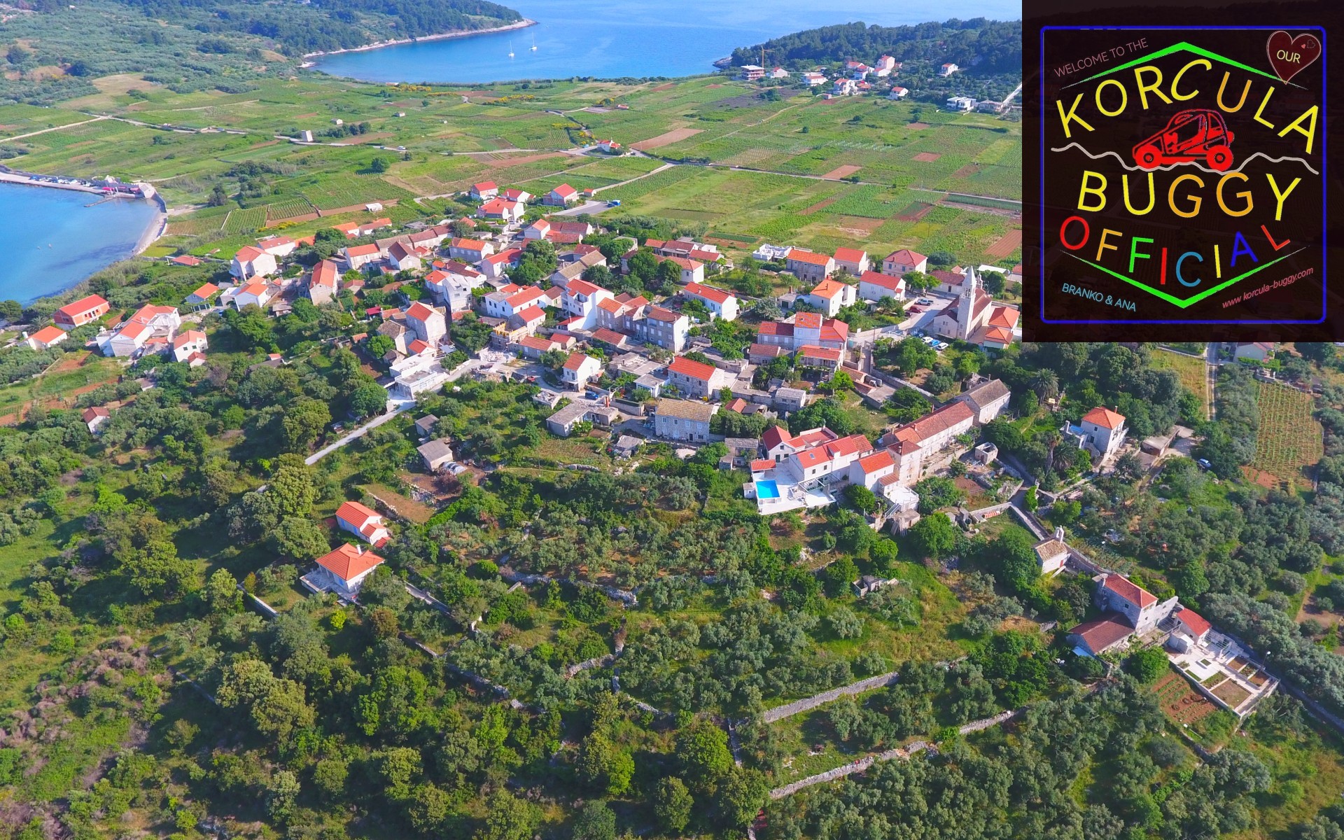Aerial panoramic view of Lumbarda village sandy beaches and vineyards during a buggy safari tour in korcula